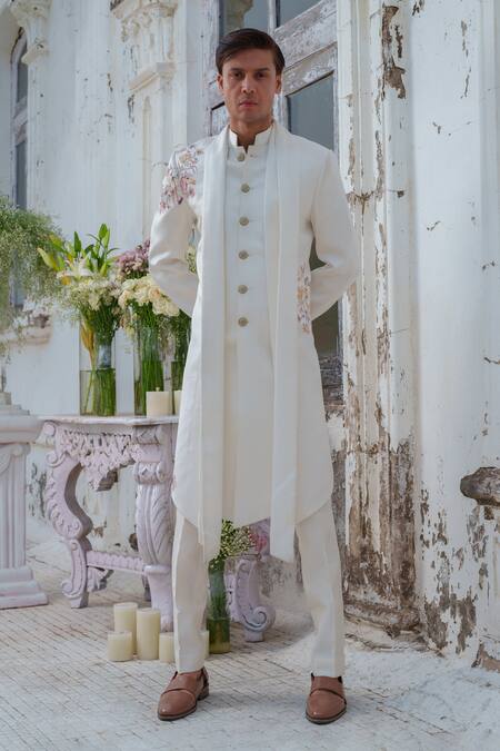 Buy_Amrit Dawani_Ivory Modal, Silk, Floral Hand Painted Open Cape Attached Kurta With Trouser _Online_at_Aza_Fashions