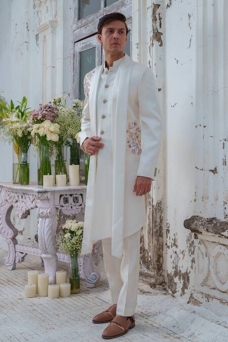Shop_Amrit Dawani_Ivory Modal, Silk, Floral Hand Painted Open Cape Attached Kurta With Trouser _Online_at_Aza_Fashions