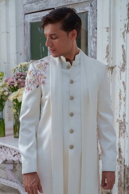 Amrit Dawani_Ivory Modal, Silk, Floral Hand Painted Open Cape Attached Kurta With Trouser _at_Aza_Fashions