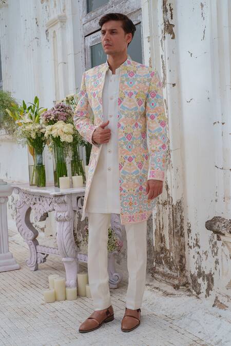 Amrit Dawani_Multi Color Georgette, Chanderi, Cotton Thread Floral Jaal Jacket Kurta Set _Online_at_Aza_Fashions