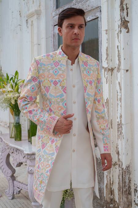 Buy_Amrit Dawani_Multi Color Georgette, Chanderi, Cotton Thread Floral Jaal Jacket Kurta Set _Online_at_Aza_Fashions