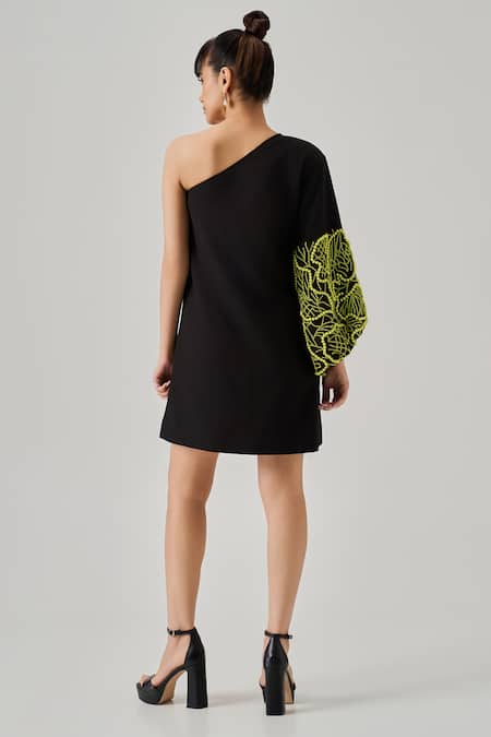 Shop Neetiandmudita Black Italian Crepe Placement Embroidery Pearl Asymmetric Neck Moonstone Dress at Aza Fashions Shop_Neetiandmudita_Black Italian Crepe Placement Embroidery Pearl Asymmetric Neck Moonstone Dress _at_Aza_Fashions