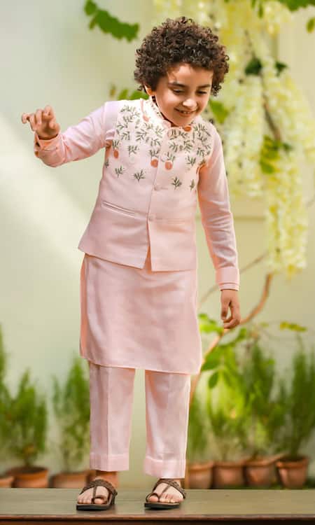 Littleens Pink Velvet, Cotton Embroidery Floral Bundi And Kurta Set