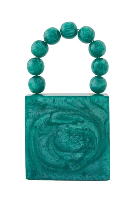 Boxwish By Bhumika Green Pearl Handle Marble Effect Clutch 