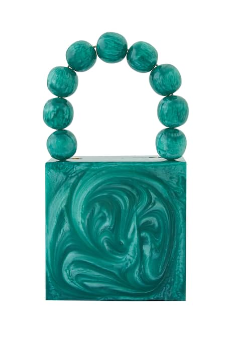 Shop Boxwish By Bhumika Green Pearls Handle Marble Effect Clutch at Aza Fashions Shop_Boxwish By Bhumika_Green Pearls Handle Marble Effect Clutch _at_Aza_Fashions