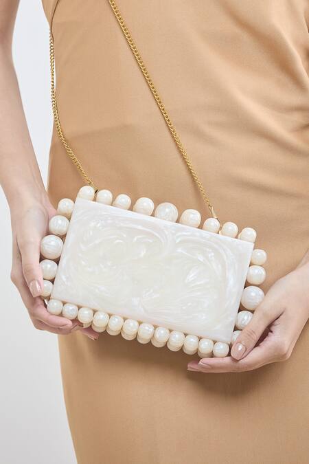 Boxwish By Bhumika_Ivory Pearls Accent Clutch _at_Aza_Fashions