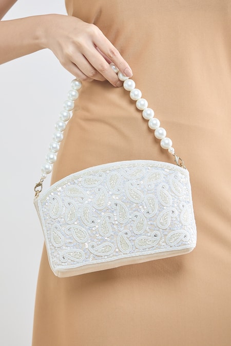 Boxwish By Bhumika White Sequins, Beads Paisley Embroidered Bag at Aza Fashions Boxwish By Bhumika_White Sequins, Beads Paisley Embroidered Bag _at_Aza_Fashions