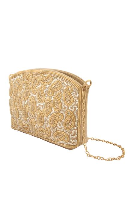 Buy_Boxwish By Bhumika_Gold Sequins, Beads Paisley Embroidered Bag _Online_at_Aza_Fashions