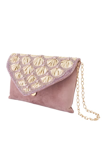 Boxwish By Bhumika Purple Pearl Mermaid Scallop Embellished Flap Clutch 