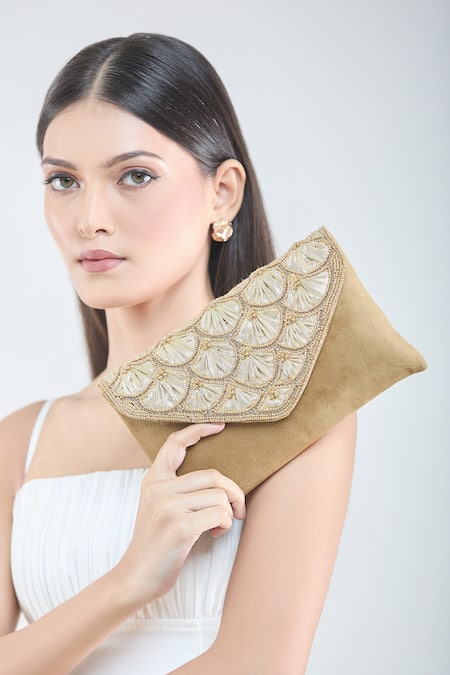 Shop_Boxwish By Bhumika_Gold Pearls Scallop Moti Embellished Flap Clutch _at_Aza_Fashions