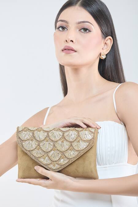 Buy_Boxwish By Bhumika_Gold Pearls Scallop Moti Embellished Flap Clutch _Online_at_Aza_Fashions