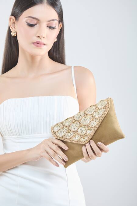 Shop_Boxwish By Bhumika_Gold Pearls Scallop Moti Embellished Flap Clutch _Online_at_Aza_Fashions