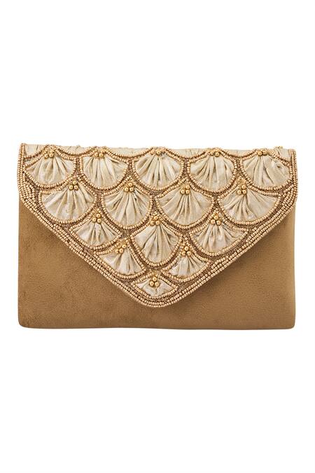 Buy_Boxwish By Bhumika_Gold Pearls Scallop Moti Embellished Flap Clutch 