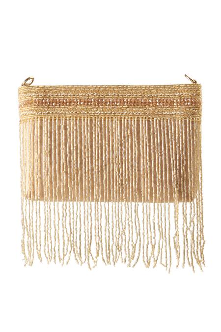 Boxwish By Bhumika_Gold Cut Work Cutdana Tassel And Crystal Embellished Bucket Bag_Online_at_Aza_Fashions