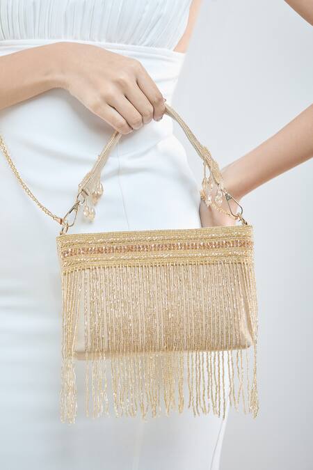 Shop_Boxwish By Bhumika_Gold Cut Work Cutdana Tassel And Crystal Embellished Bucket Bag_Online_at_Aza_Fashions