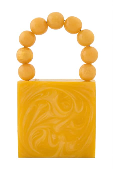 Boxwish By Bhumika Yellow Pearl Handle Swerve Texture Resin Clutch Bag 