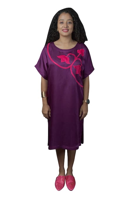 PRACHI KAMAT Purple Linen Satin Embroidery Floral Round Neck Fuljhadi Motif Pattern Dress 