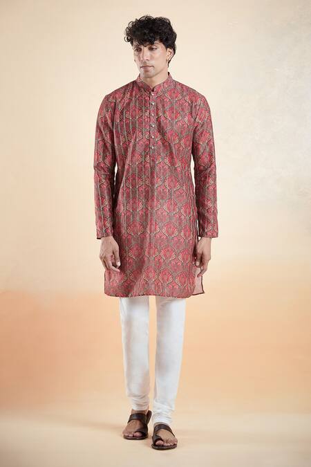 Buy_Arihant Rai Sinha_Maroon Jacquard, Silk, Cotton Vintage Bloom Print Kurta With Churidar _Online_at_Aza_Fashions