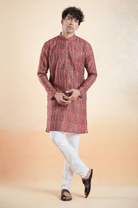 Arihant Rai Sinha_Maroon Jacquard, Silk, Cotton Vintage Bloom Print Kurta With Churidar _at_Aza_Fashions