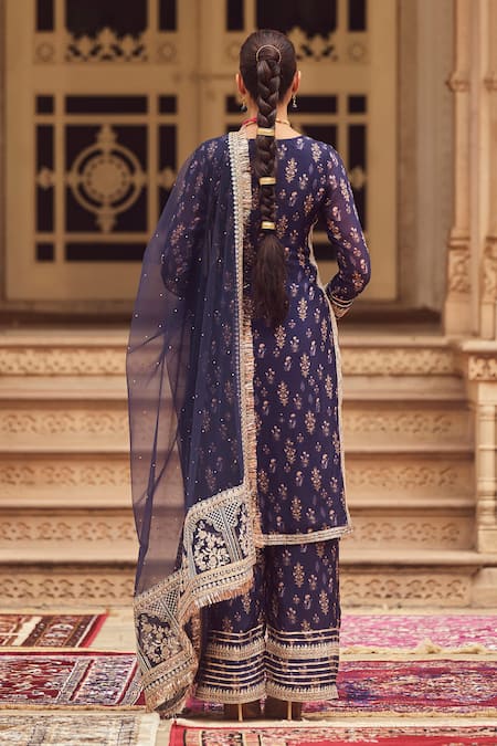 Lashkaraa Blue Tissue, Net, Cotton Sequins, Beads, Zari Navy Embroidered Kurta Pant Set Online at Aza Fashions Lashkaraa_Blue Tissue, Net, Cotton Sequins, Beads, Zari Navy Embroidered Kurta Pant Set _Online_at_Aza_Fashions