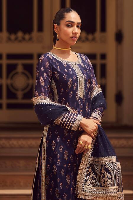 Buy Lashkaraa Blue Tissue, Net, Cotton Sequins, Beads, Zari Navy Embroidered Kurta Pant Set Online at Aza Fashions Buy_Lashkaraa_Blue Tissue, Net, Cotton Sequins, Beads, Zari Navy Embroidered Kurta Pant Set _Online_at_Aza_Fashions