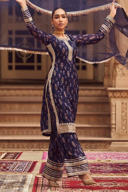 Shop Lashkaraa Blue Tissue, Net, Cotton Sequins, Beads, Zari Navy Embroidered Kurta Pant Set Online at Aza Fashions Shop_Lashkaraa_Blue Tissue, Net, Cotton Sequins, Beads, Zari Navy Embroidered Kurta Pant Set _Online_at_Aza_Fashions