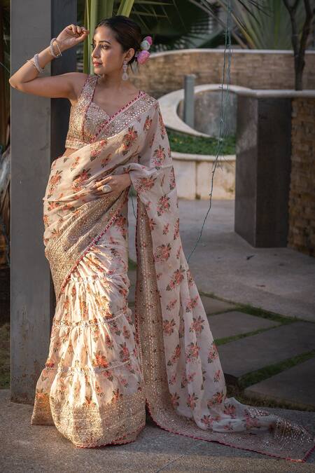 Shop Gopi Vaid Ivory Cotton, Silk Gota Patti, Embroidery Floral Jaal Print Saree With Blouse Shop_Gopi Vaid_Ivory Cotton, Silk Gota Patti, Embroidery Floral Jaal Print Saree With Blouse