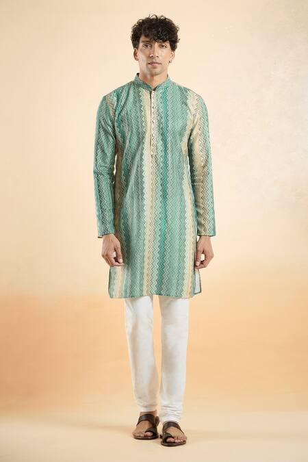 Arihant Rai Sinha_Blue Jacquard, Silk, Cotton Zig Zag Woven Kurta With Churidar _Online_at_Aza_Fashions
