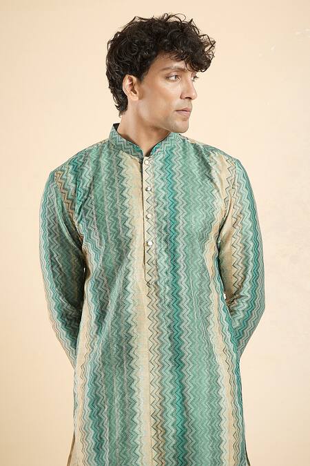 Buy_Arihant Rai Sinha_Blue Jacquard, Silk, Cotton Zig Zag Woven Kurta With Churidar _Online_at_Aza_Fashions