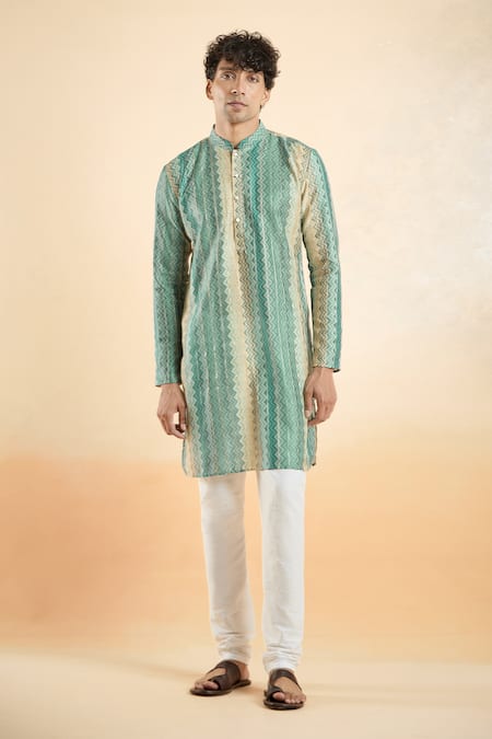 Shop_Arihant Rai Sinha_Blue Jacquard, Silk, Cotton Zig Zag Woven Kurta With Churidar _Online_at_Aza_Fashions