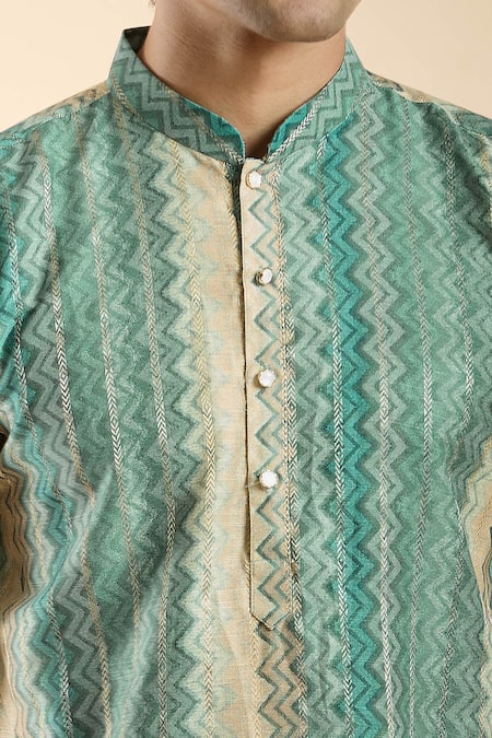 Arihant Rai Sinha_Blue Jacquard, Silk, Cotton Zig Zag Woven Kurta With Churidar _at_Aza_Fashions