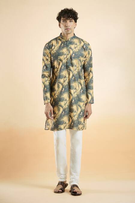 Arihant Rai Sinha_Black Cotton, Silk Greek God Print Kurta With Churidar _Online_at_Aza_Fashions