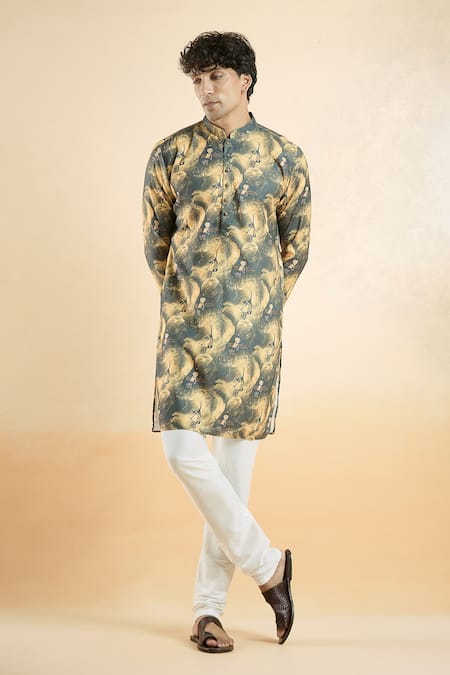 Buy_Arihant Rai Sinha_Black Cotton, Silk Greek God Print Kurta With Churidar _Online_at_Aza_Fashions