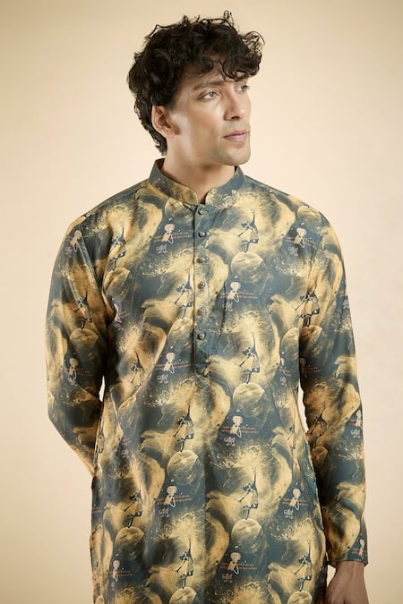 Shop_Arihant Rai Sinha_Black Cotton, Silk Greek God Print Kurta With Churidar _Online_at_Aza_Fashions