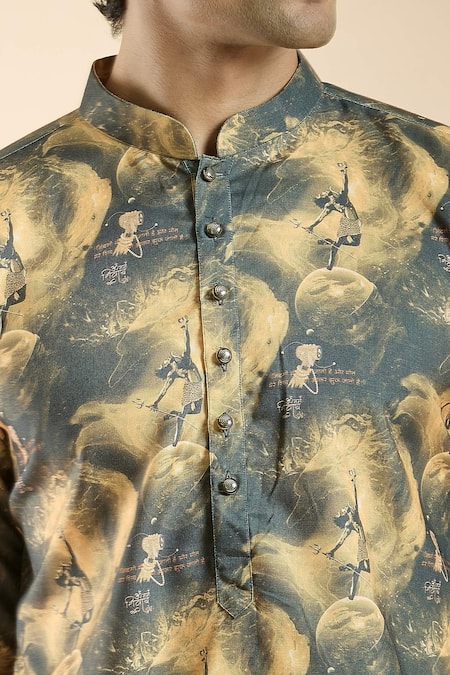 Arihant Rai Sinha_Black Cotton, Silk Greek God Print Kurta With Churidar _at_Aza_Fashions