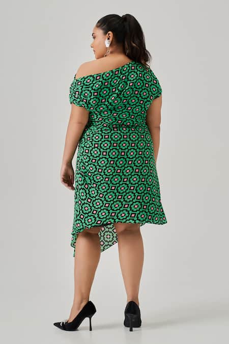 Shop Neetiandmudita Multi Color Crepe Print Geometric Motif Asymmetric Neck Zenith Draped Dress at Aza Fashions Shop_Neetiandmudita_Multi Color Crepe Print Geometric Motif Asymmetric Neck Zenith Draped Dress _at_Aza_Fashions