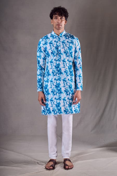 Buy_Arihant Rai Sinha_Blue Silk, Cotton Tie Dye Bundi Kurta Set _Online_at_Aza_Fashions