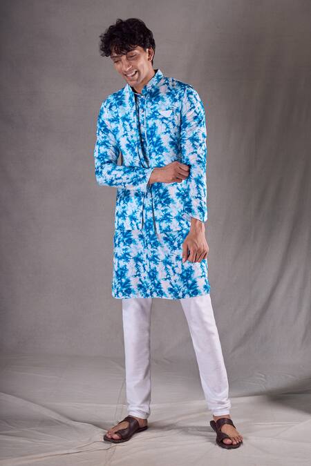Shop_Arihant Rai Sinha_Blue Silk, Cotton Tie Dye Bundi Kurta Set _Online_at_Aza_Fashions