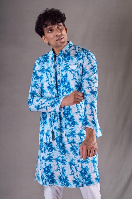 Arihant Rai Sinha_Blue Silk, Cotton Tie Dye Bundi Kurta Set _at_Aza_Fashions