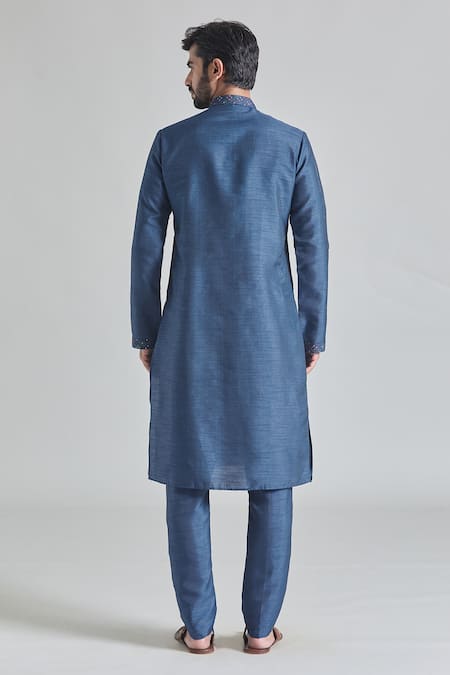 Shop Arihant Rai Sinha Blue Brocade, Silk Embroidery Geometric Placket Kurta Aligadhi Pant Set at Aza Fashions Shop_Arihant Rai Sinha_Blue Brocade, Silk Embroidery Geometric Placket Kurta Aligadhi Pant Set _at_Aza_Fashions