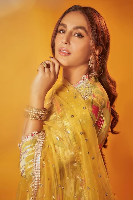 Shop_Gopi Vaid_Yellow Chiffon, Net, Linen, Satin Embroidery, Huma Bodice Anarkali Palazzo Set 