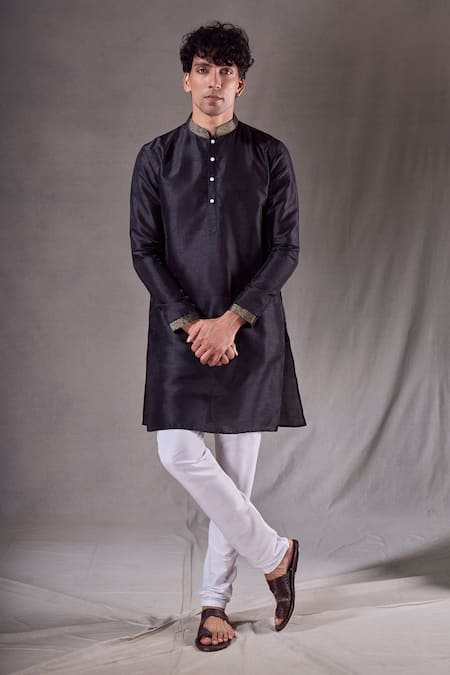Shop Arihant Rai Sinha Black Silk, Chanderi Embroidery Thread Placement Kurta Set Online at Aza Fashions Shop_Arihant Rai Sinha_Black Silk, Chanderi Embroidery Thread Placement Kurta Set _Online_at_Aza_Fashions