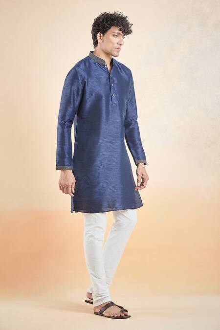 Shop_Arihant Rai Sinha_Blue , Satin Embroidery Collar Kurta _Online_at_Aza_Fashions