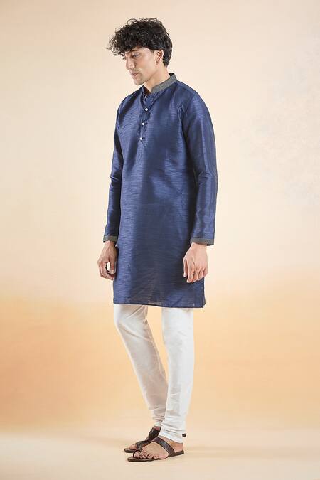 Buy_Arihant Rai Sinha_Blue , Satin Embroidery Collar Kurta 