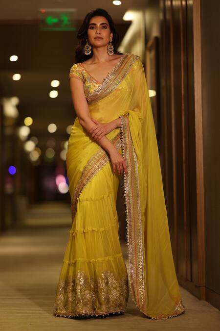 Shop Gopi Vaid Yellow Chiffon, Tussar Sequins, Gota Patti, Kanika Border Saree With Blouse Shop_Gopi Vaid_Yellow Chiffon, Tussar Sequins, Gota Patti, Kanika Border Saree With Blouse