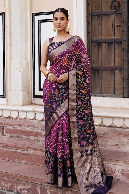 Geroo Jaipur Purple Silk Handwoven Bandhani Zari Saree With Unstitched Blouse Piece 