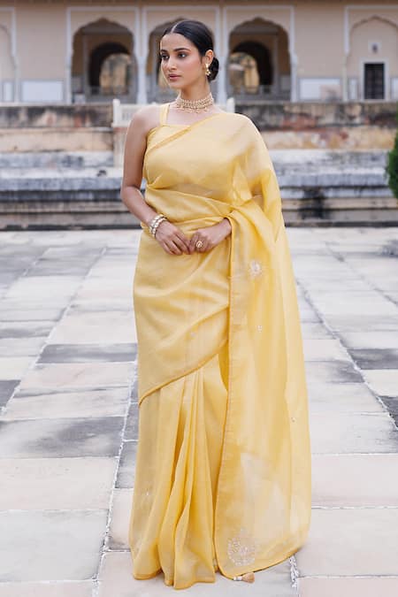 Geroo Jaipur_Yellow Tissue Gota Patti, Sequins Embroidered Saree With Unstitched Blouse Piece _Online_at_Aza_Fashions
