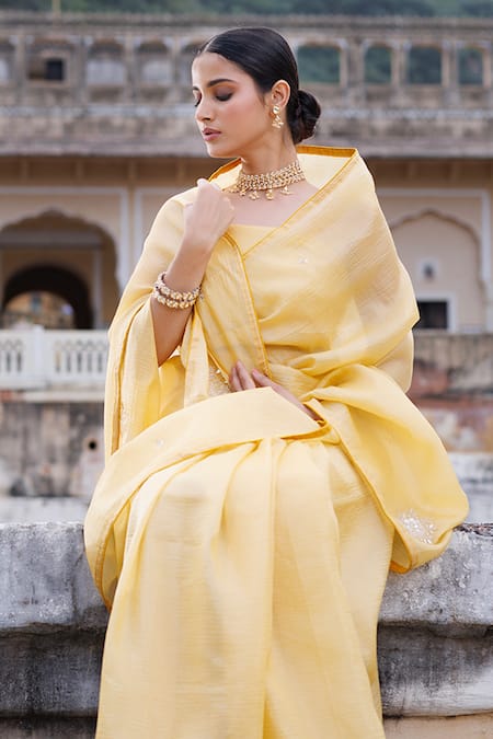 Shop_Geroo Jaipur_Yellow Tissue Gota Patti, Sequins Embroidered Saree With Unstitched Blouse Piece _Online_at_Aza_Fashions