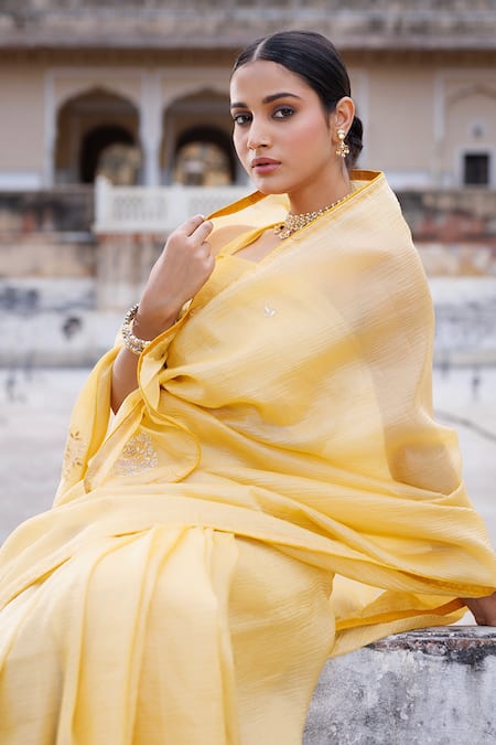 Geroo Jaipur_Yellow Tissue Gota Patti, Sequins Embroidered Saree With Unstitched Blouse Piece _at_Aza_Fashions