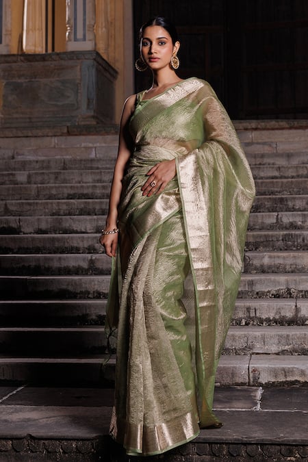 Geroo Jaipur Green Tissue Woven Zari Border Saree With Unstitched Blouse Piece 